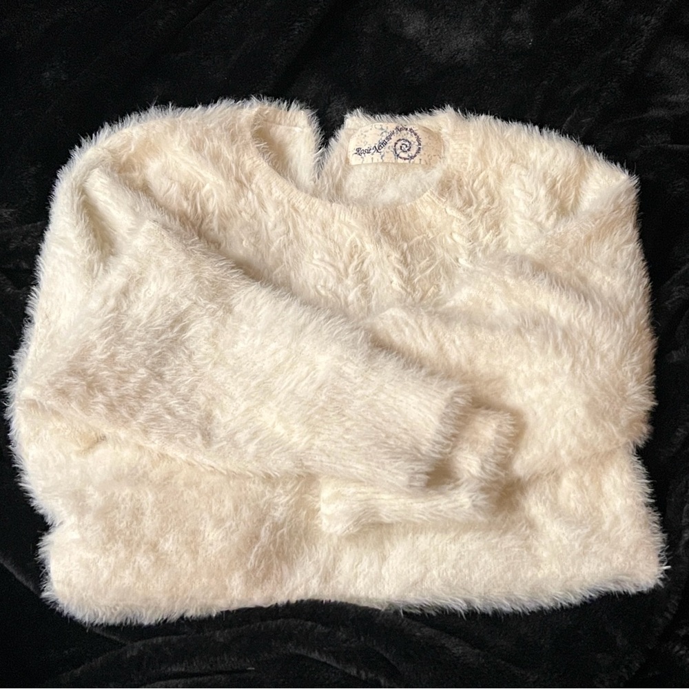 Anthropologie Ivory Fuzzy Crew Neck Sweater